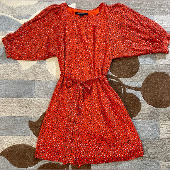 French Connection Warm Red Calypso Flower Mini Tunic Dress 1/2 Dolman Sleeves - Picture 7 of 9